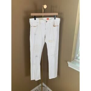 Pilcro Anthropologie White Distressed Jeans Crochet Lace Patch Boho Size 28